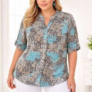 Maggie Barnes Womens Turquoise Abstract Dot Button Up Short Sleeve Blouse Plus